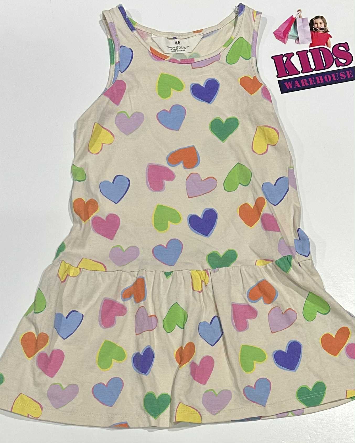 H&M White Dress With Multicoloured Heart Pattern Size 5-6