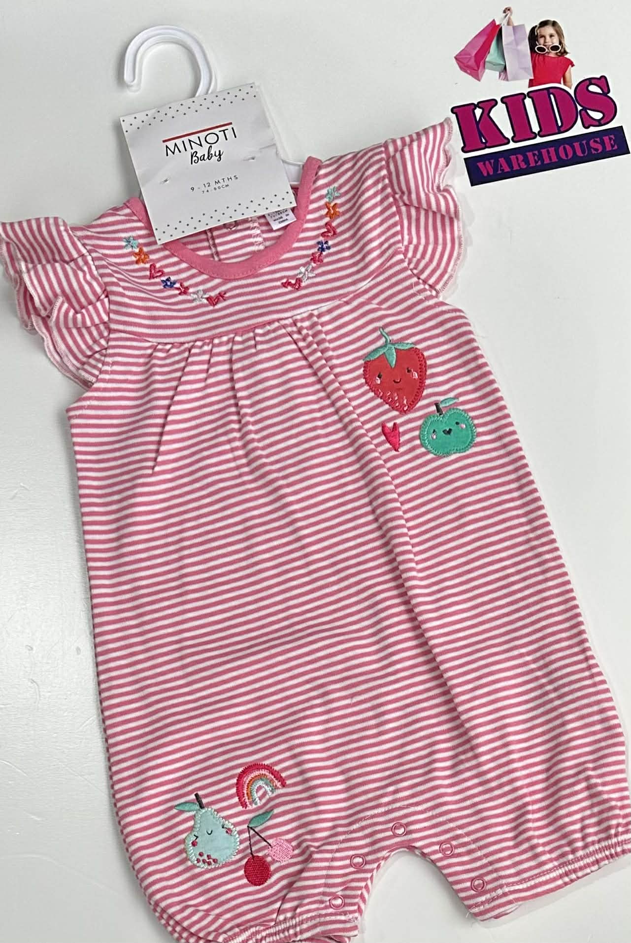 New Minoti Pink & White Bodysuit With Strawberry Print Size 0