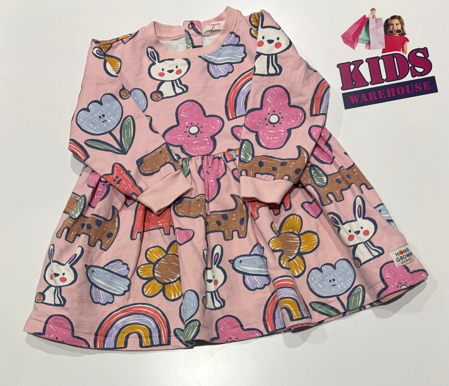Jack & Milly Pink, Flowers, Bunny, Rainbows Print Dress Size 3