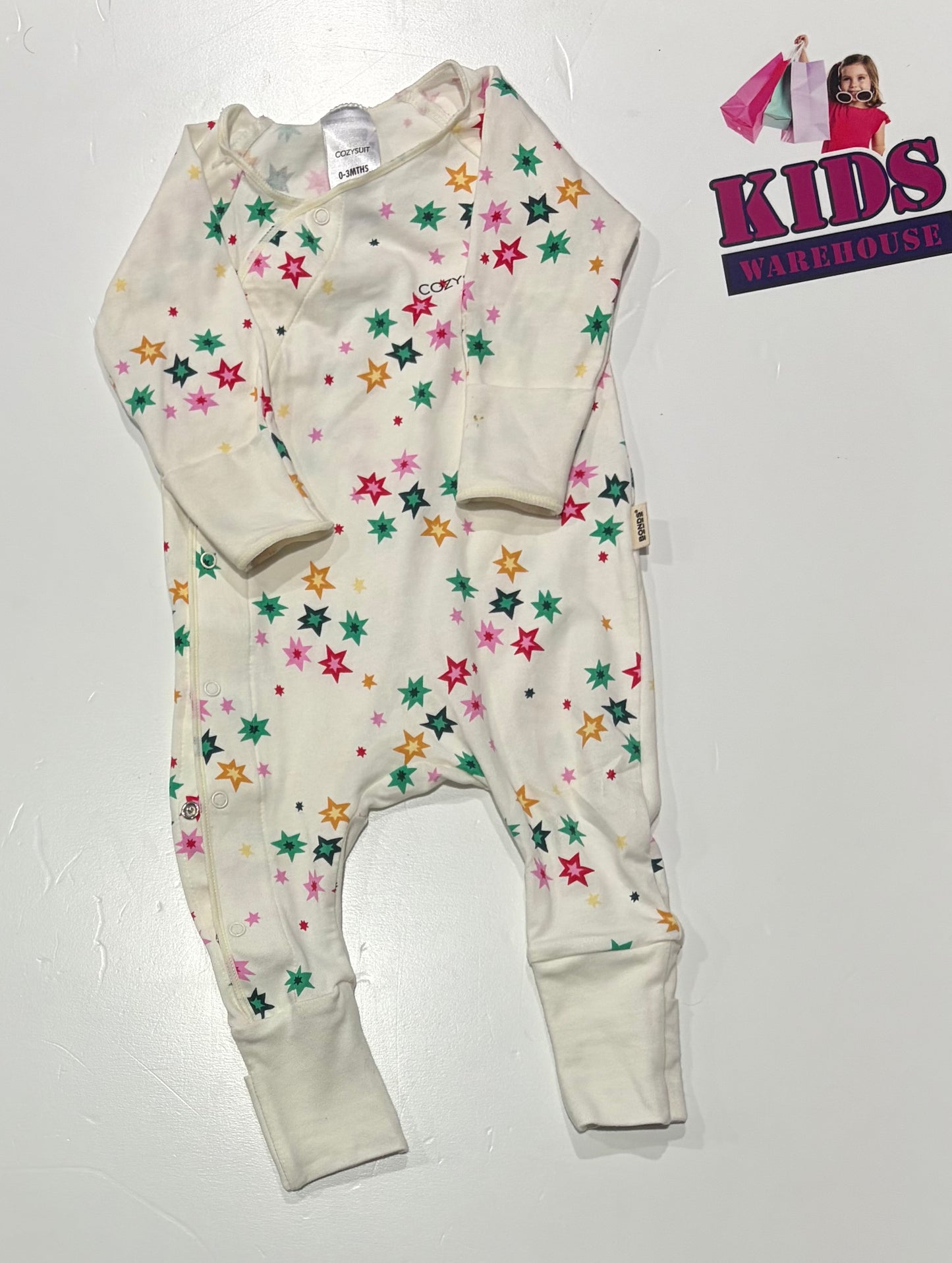 Bonds Cozysuit White, Multi Coloured Star Print Jumpsuit Size 000