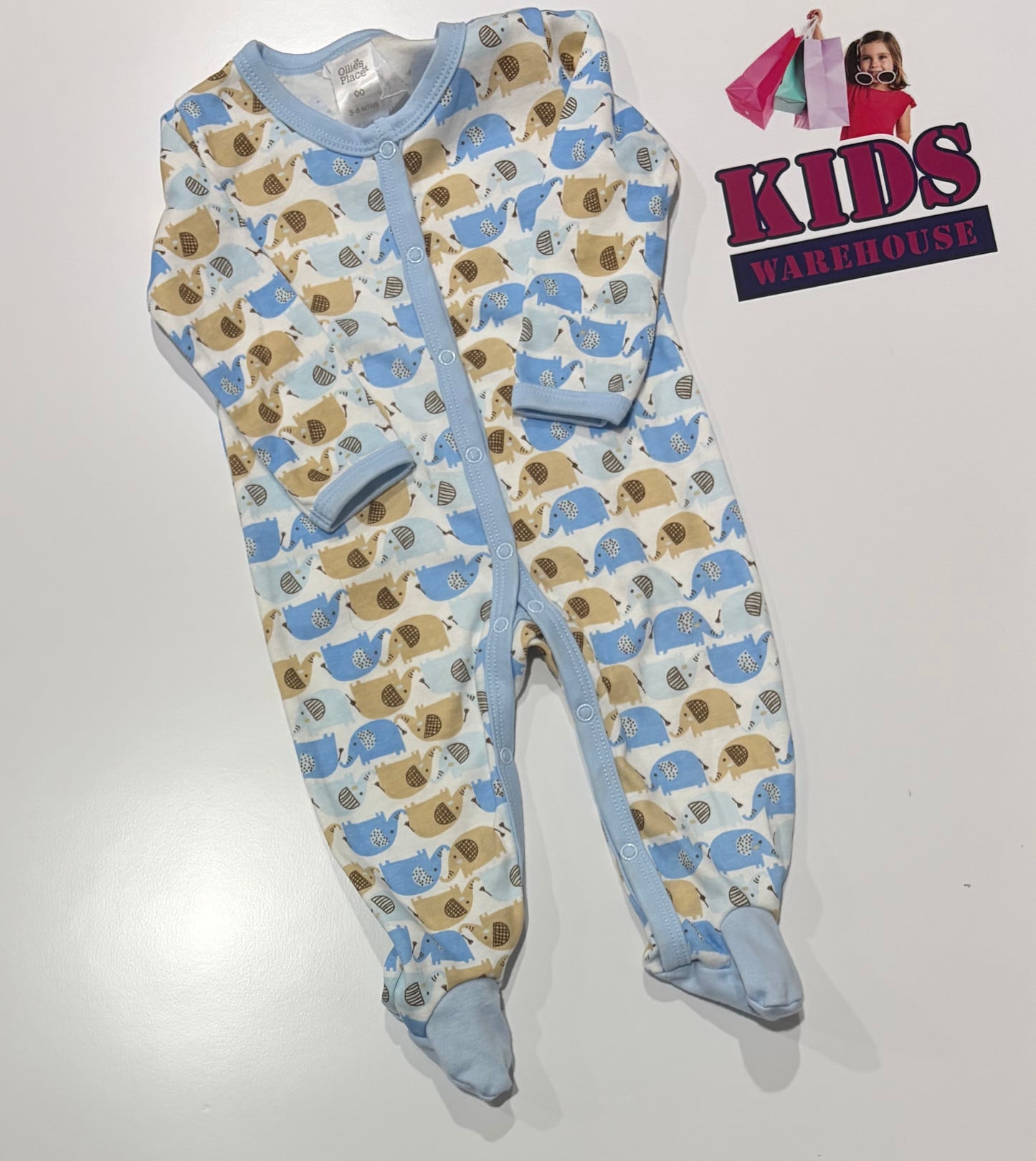 Ollie's Place White, Blue, Brown Elaphant Print Jumpsuit Size 00