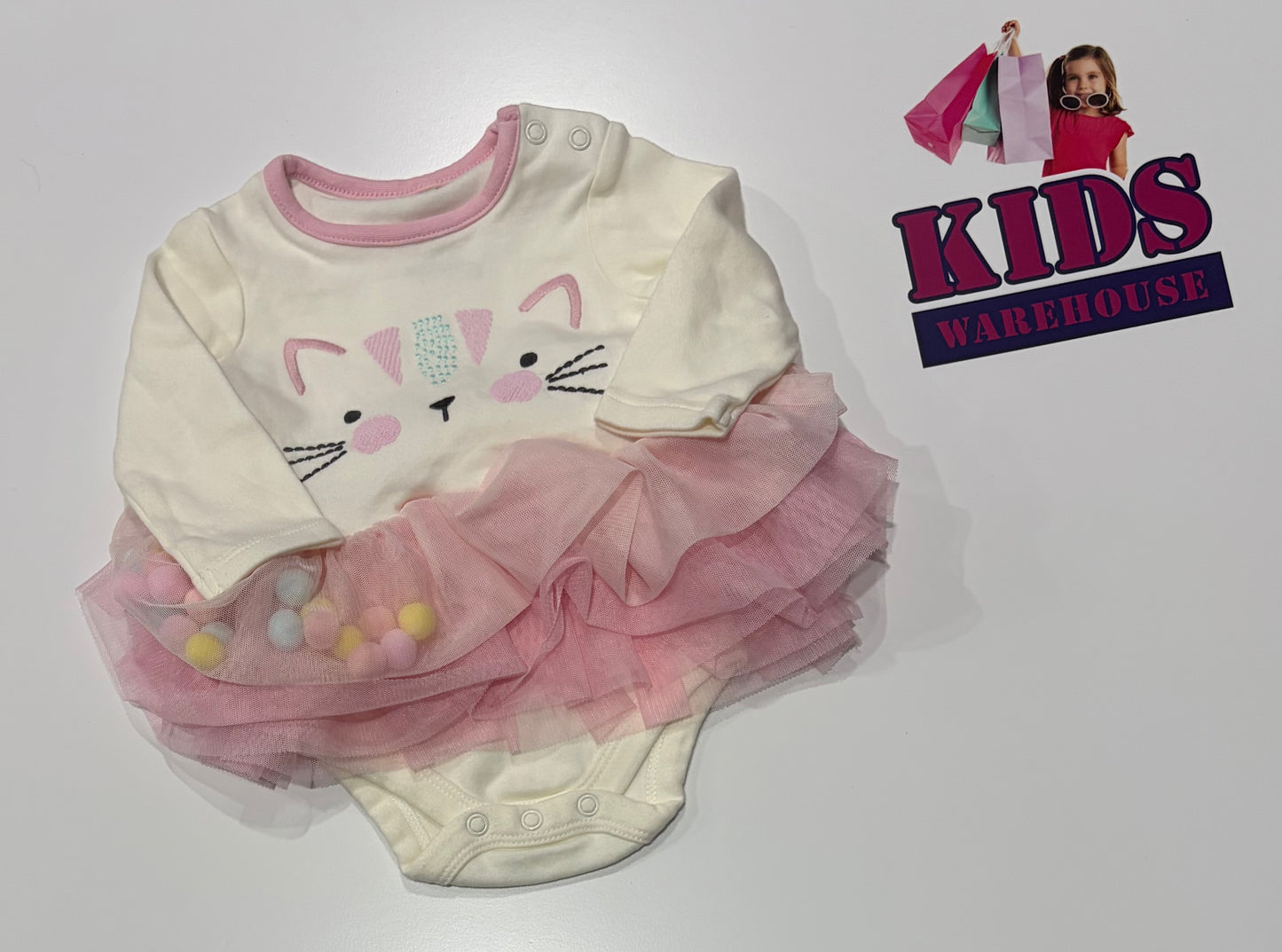 White, Pink Cat Print Skirted Bodysuit Size 0000