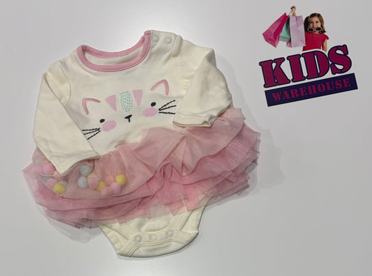 White, Pink Cat Print Skirted Bodysuit Size 0000