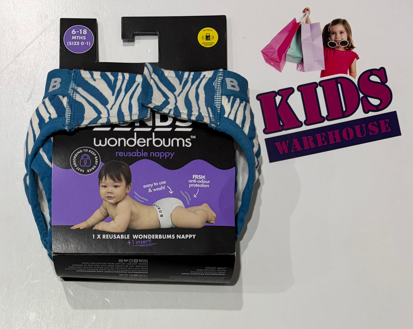 Not Used  Bonds Wonderbums Reusable Nappy, Blue Zebra Print Size 0-1 (6-18 Momths)
