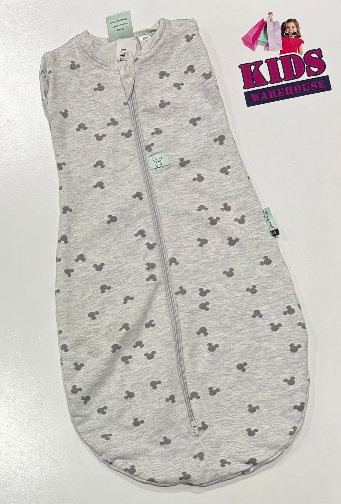 Disney X Ergo Pouch Australia Grey, Mickey Mouse Print Size 000 (0-3 Months, 3-6kg) TOG 1
