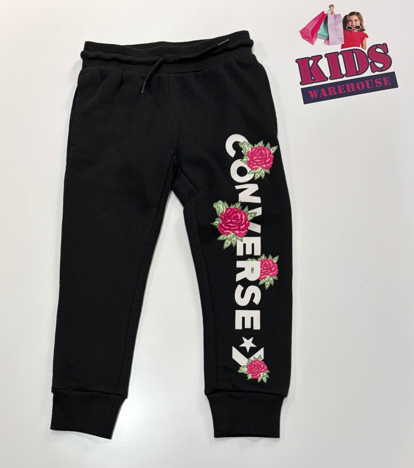Converse Black, Logo Print With Roses Pants Size 5