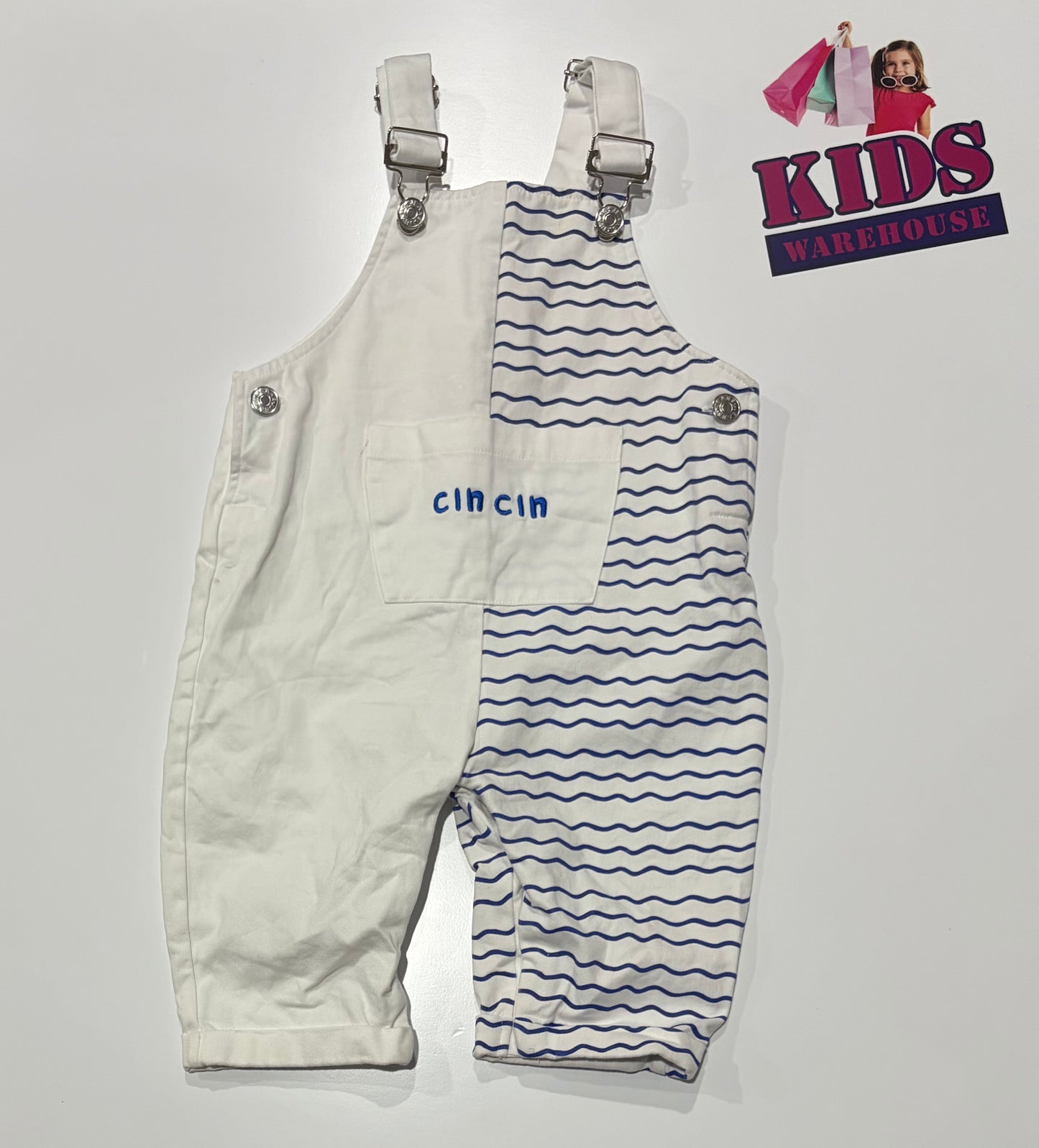 Cinnamon Baby White, Blue Stripe Overalls Size 2