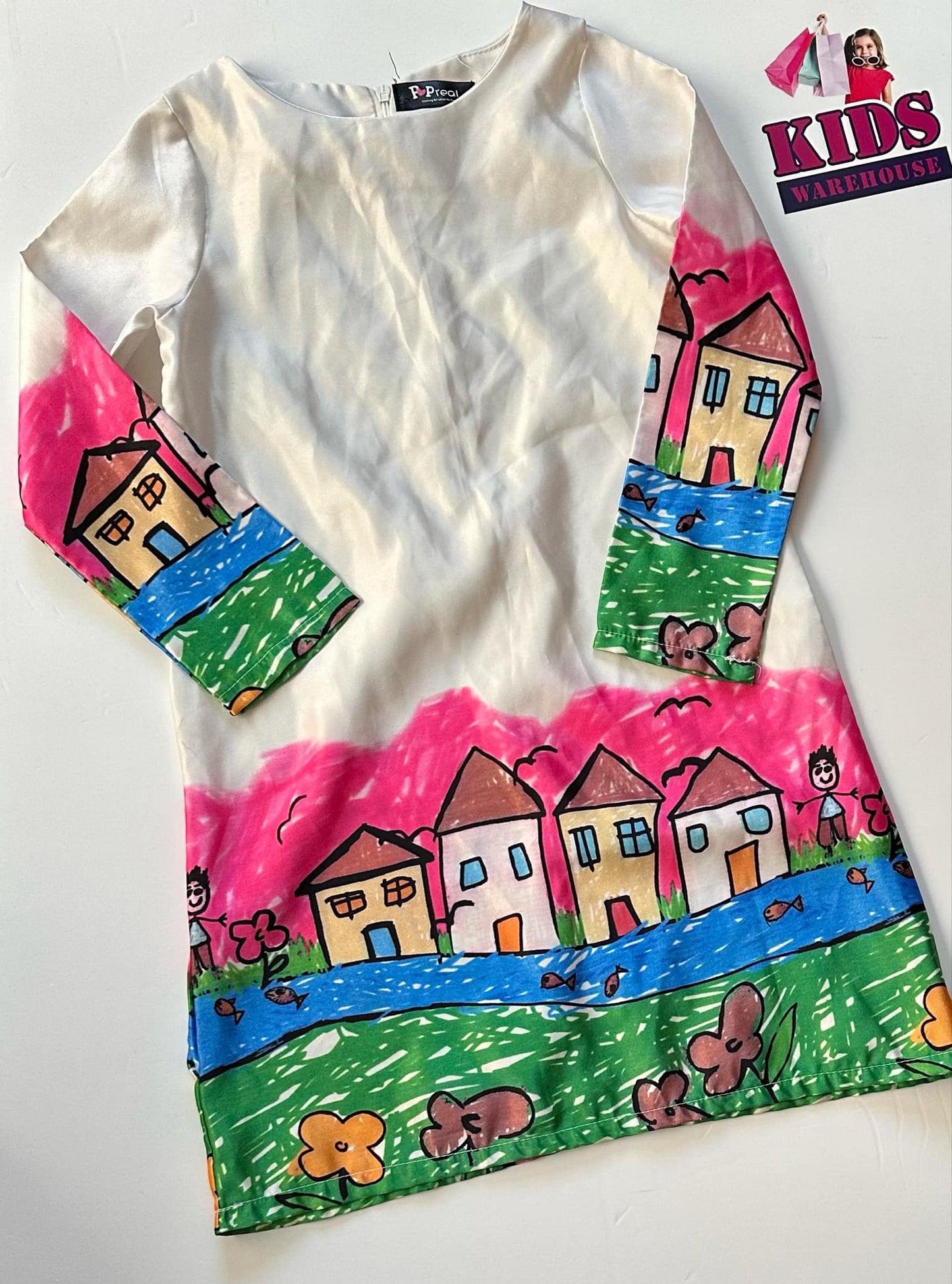 Pop Real White Dress With Houses Pattern Size 6