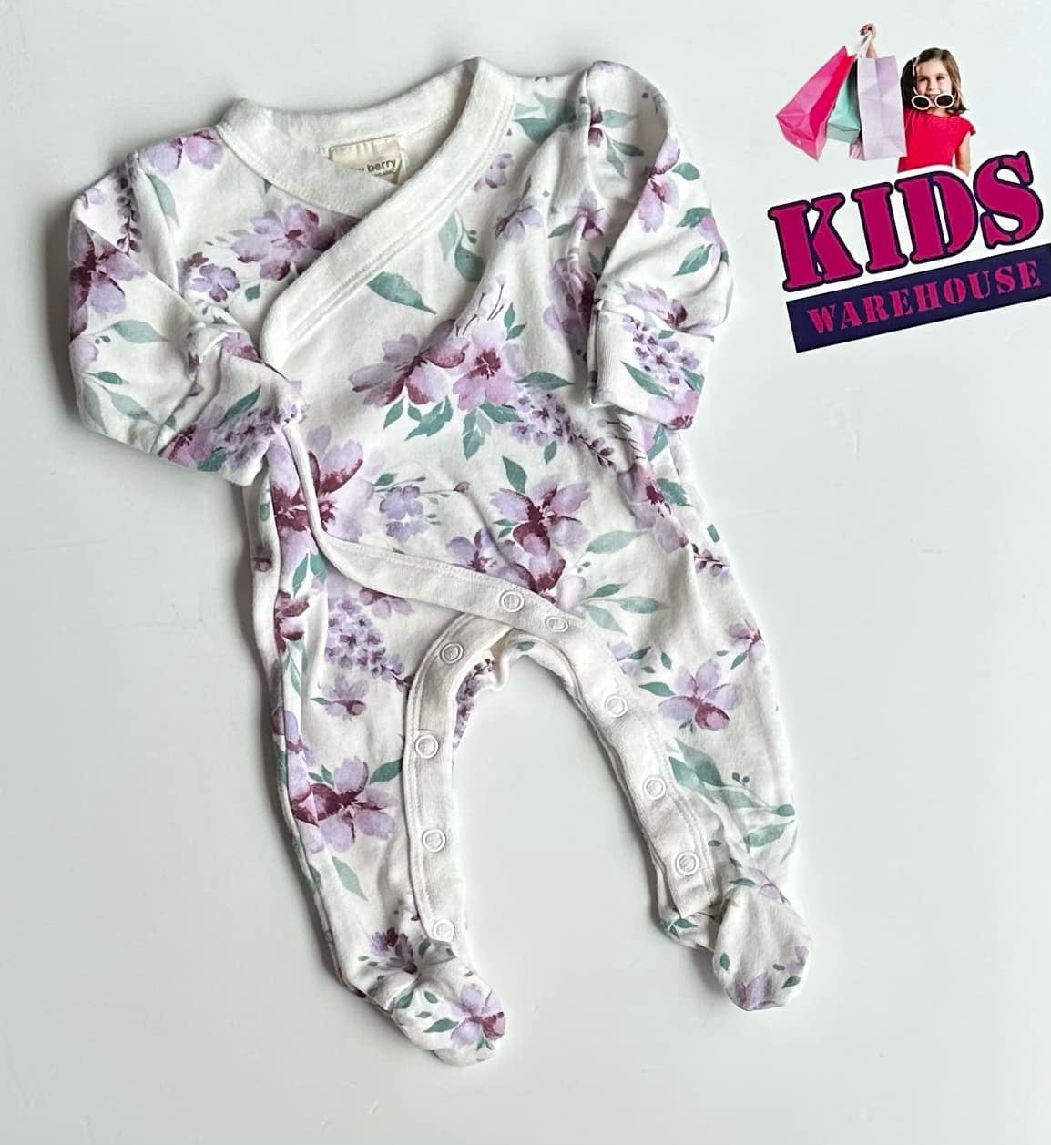 Premmie Baby Berry White Jumpsuit With Purple Flowers Pattern Size 00000