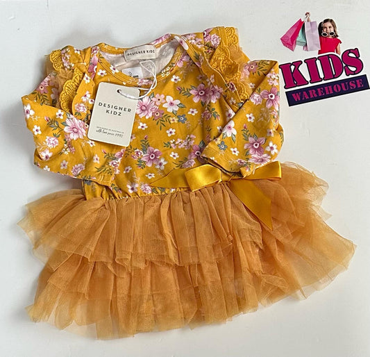New Designer Kids Yellow Tutu Dress With Flower Pattern Size 0