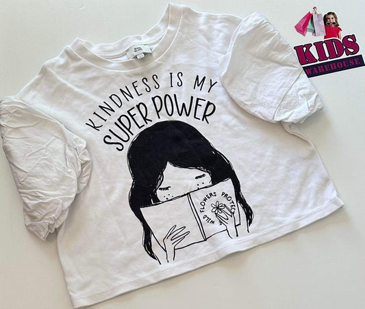 River Island White Top With “Kindness Is My Superpower” Print Size 9