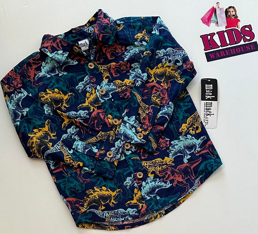 MickMack Black Button Up Top with Multicoloured Dinosaur Pattern Size 1