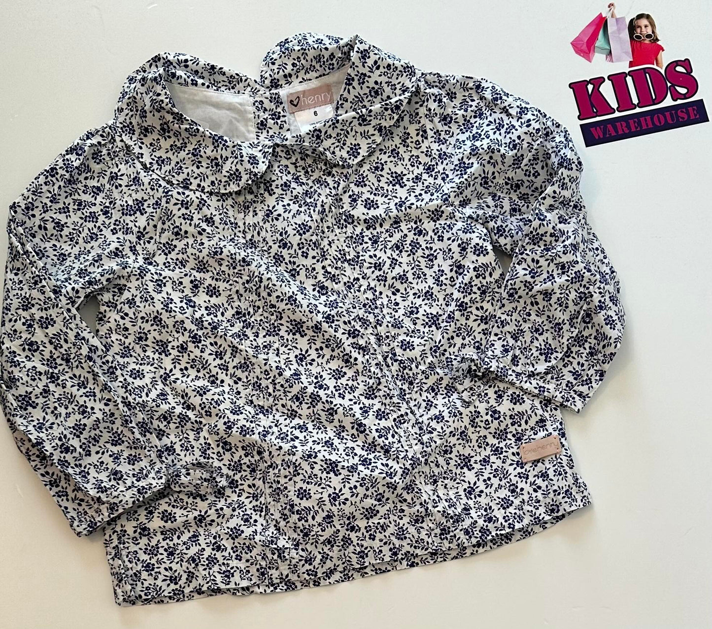 Henry White Top With Blue Flower Pattern Size 6