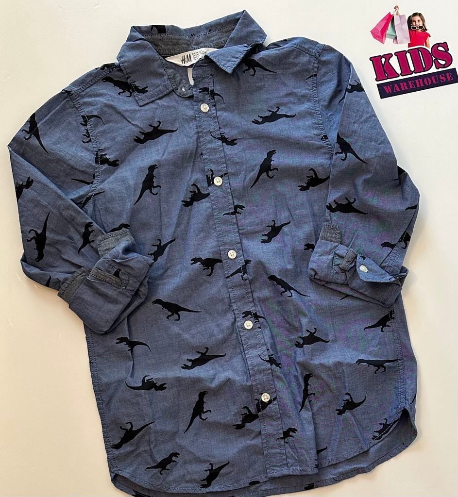 H&M Blue Button Up Top With Dinosaur Pattern Size 8