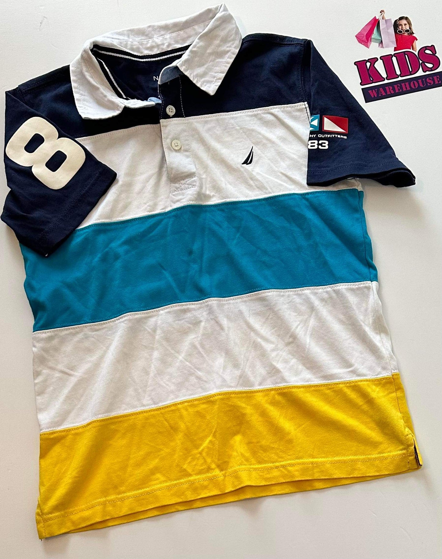 Nautica Navy, Blue, Yellow & White Striped Shirt Size 8-10