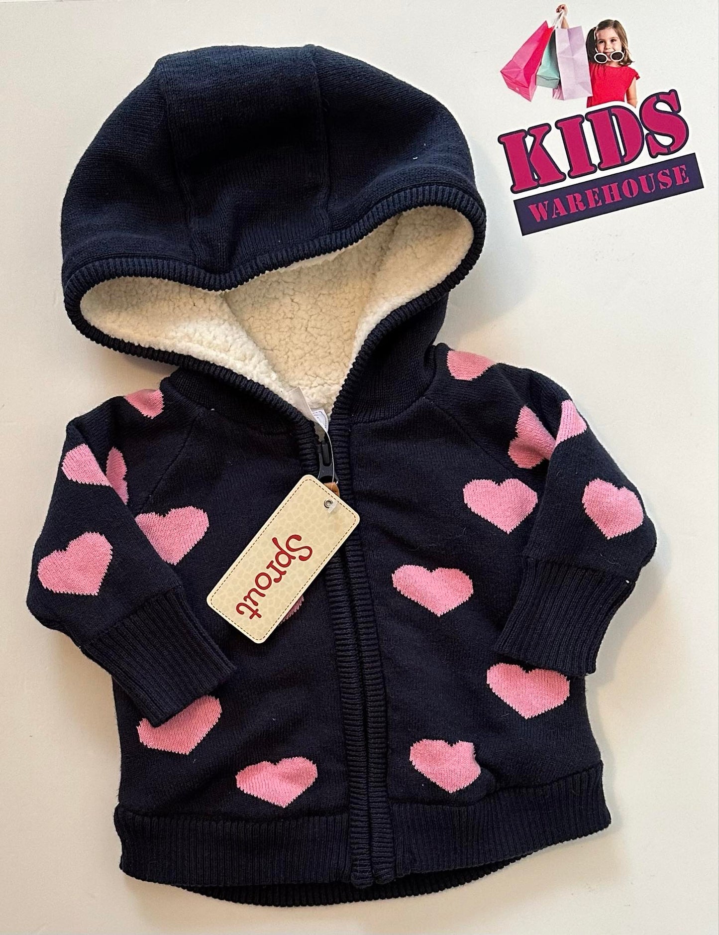 New Sprout Navy Blue Hoodie With Pink Heart Pattern Size 000
