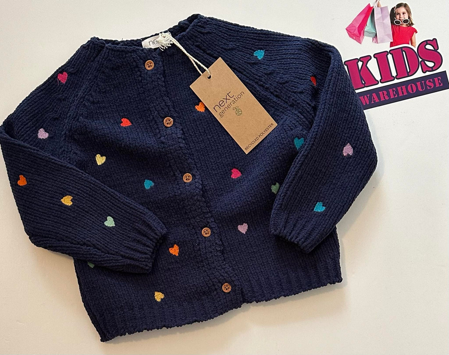 New Next Blue Knit Jumper With Multi Coloured Hearts Size 0
