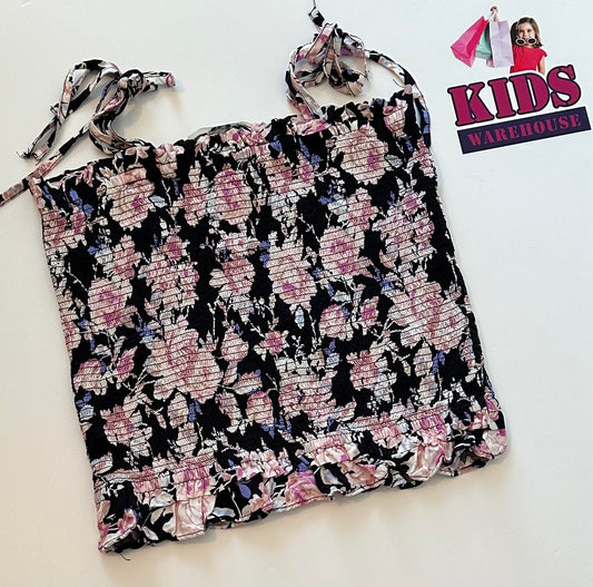 Decjuba Kids Black Top With Pink Flower Pattern Size 14