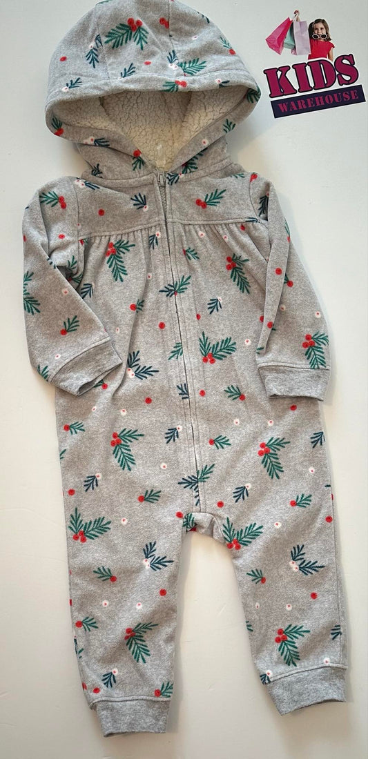 Carters Grey Hoodie Jumpsuit With Plant Pattern Size 1