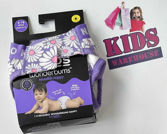 NEW Bonds Purple, White Flower Print Wonderbuns Reusable Nappy Size 0-1 (6-18 Months)