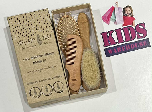 NEW Shellamy Baby 3 Piece Wooden Baby Hairbrush And Comb Set