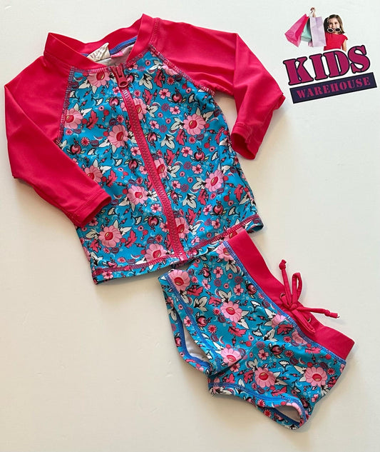 Young Hearts Blue & Pink 2 Piece Swim Set With Flower Pattern Size 0