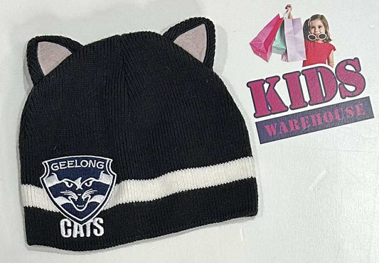 AFL Geelong Cats Black, White Beanie With Cat Ears Size Child