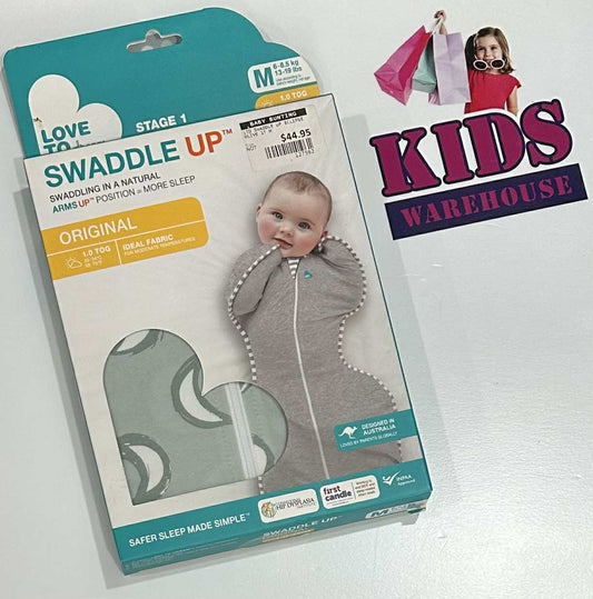 NEW Love To Dream Swaddle Up Original Grey Moon Crest Print Size Medium (6-8.5kg) TOG 1 RRP $44.95