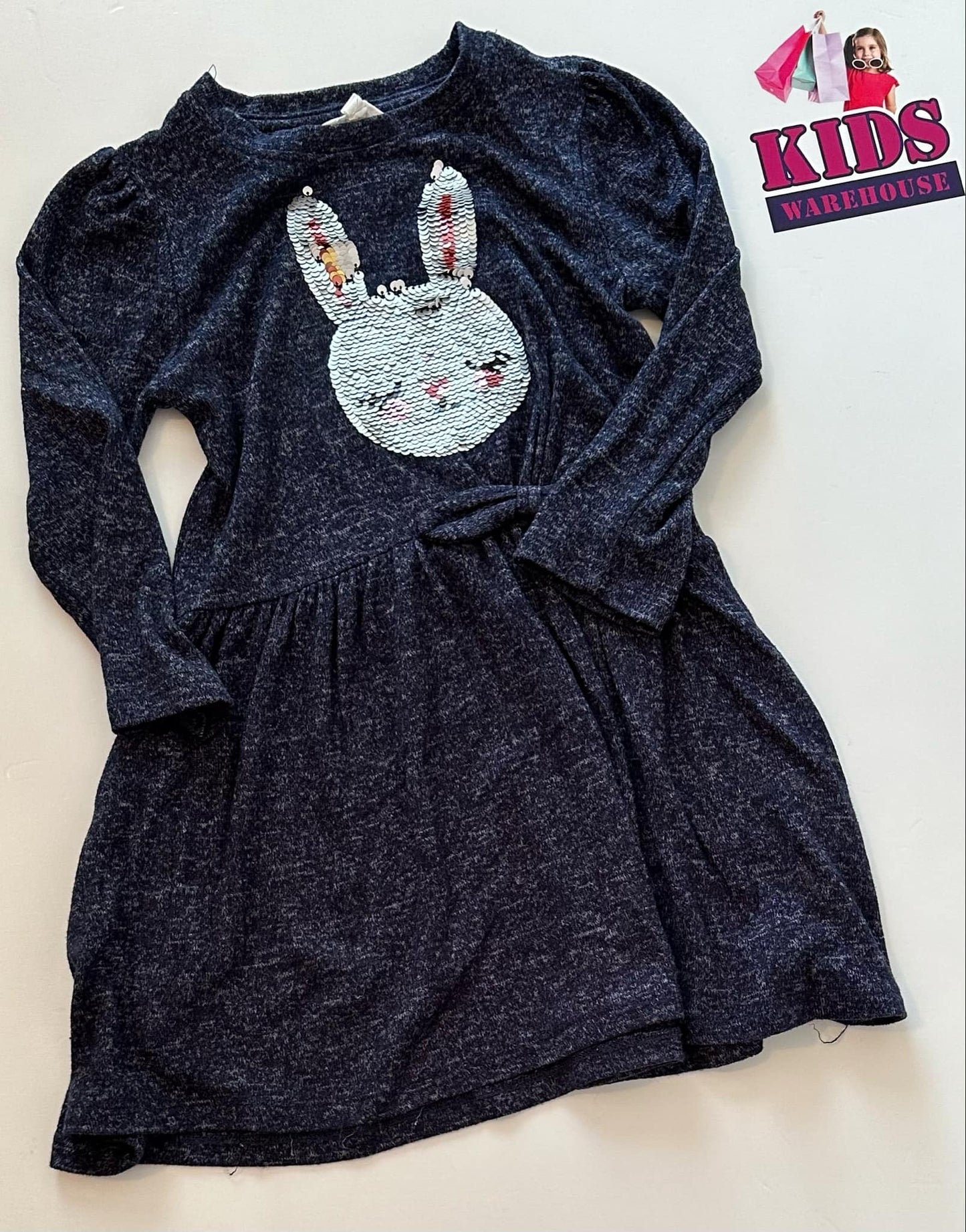 Milkshake Grey & Navy Blue Dress With Rabbit Print Size 4