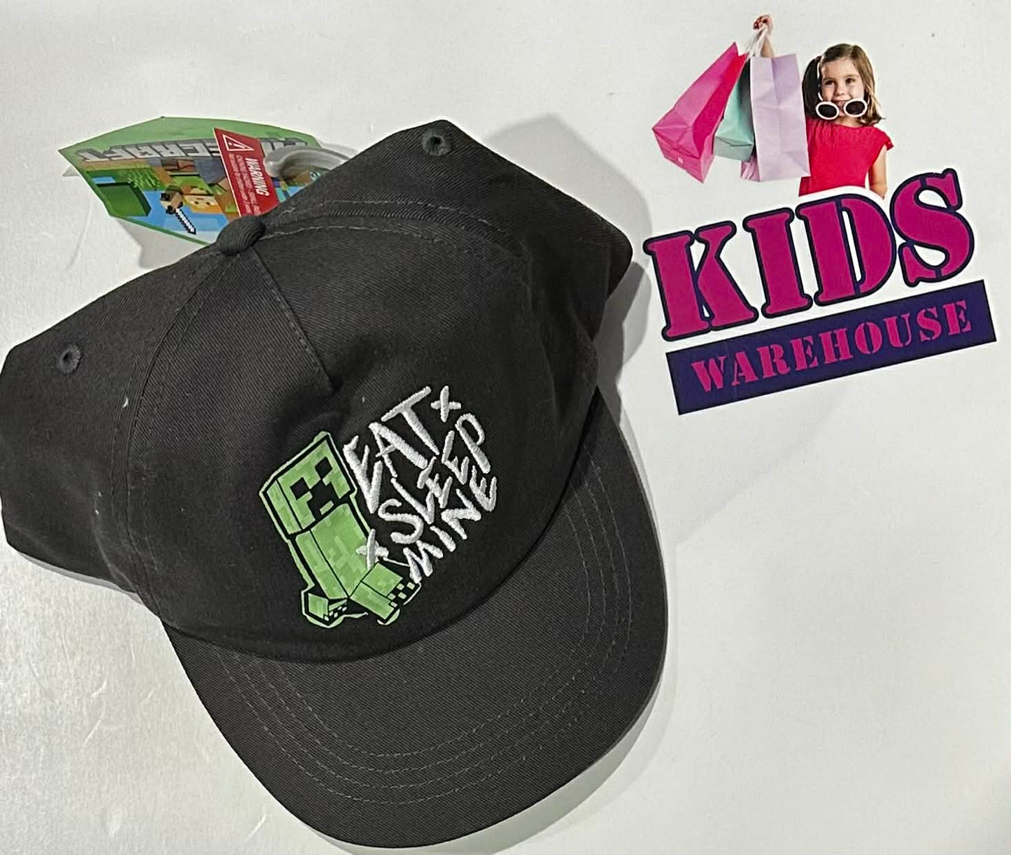 NEW Minecraft Eat x Sleep x Mine Creeper Print Black, Green Cap Size Child