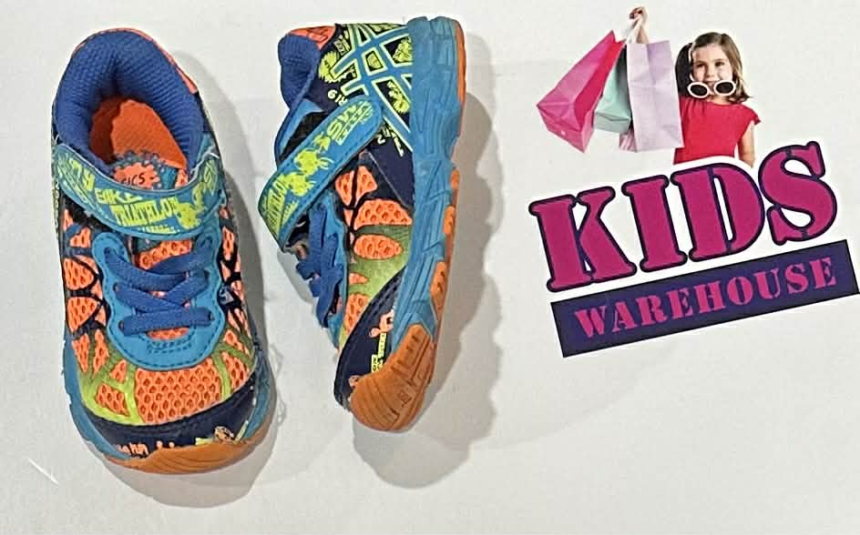 Asics Swim, Bike, Run Orange, Green, Blue Runners Size US4/UK3.5 (Toddler/Child)