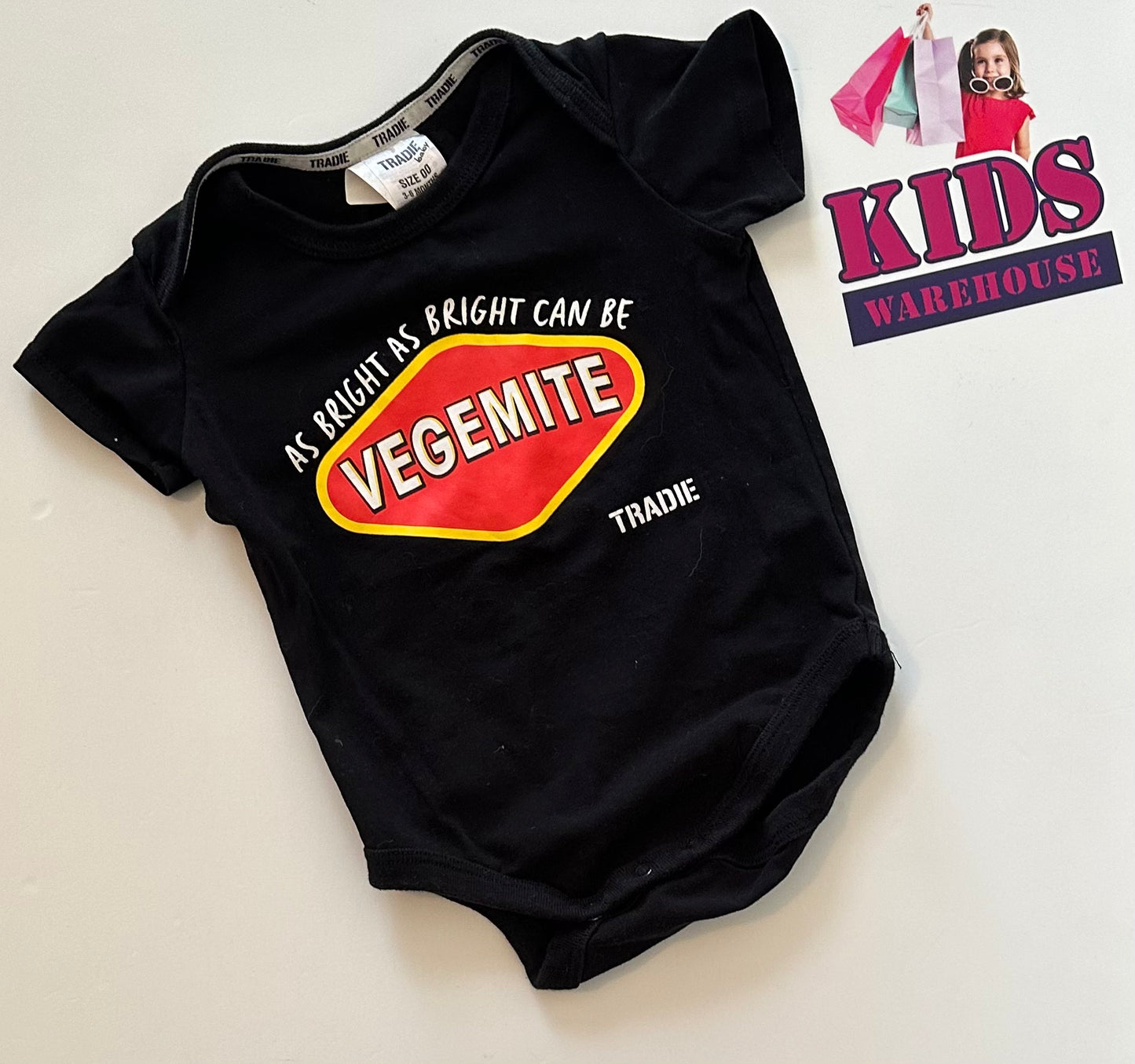 Tradie Vegemite Black Bodysuit Size 00 Kids Warehouse AU