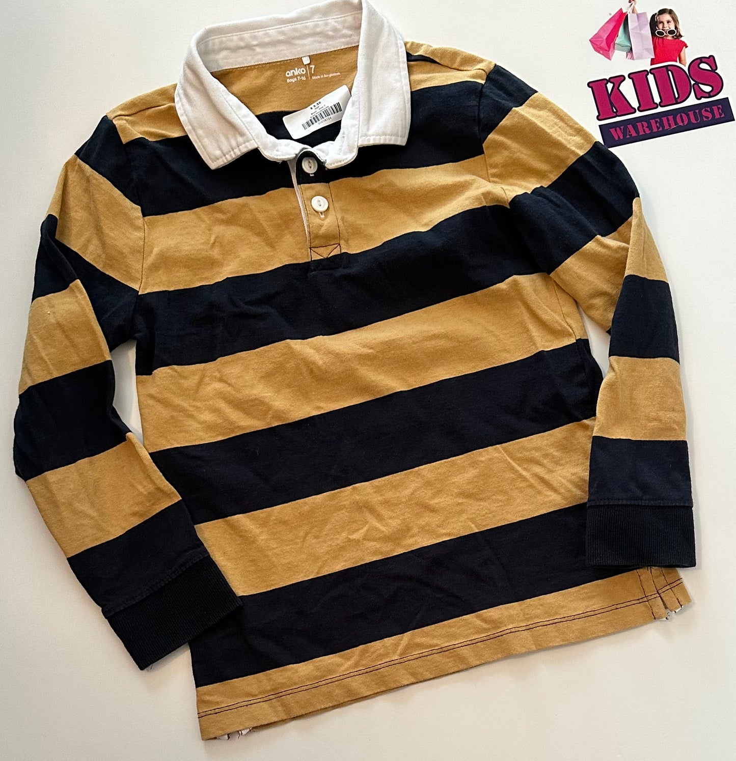 Navy & Yellow Striped Polo Top Size 7